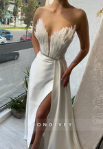 L1237 - Feathered Crystal Beaded Plunging Illusion With Train And Slit Evening Party Formal Prom Dress