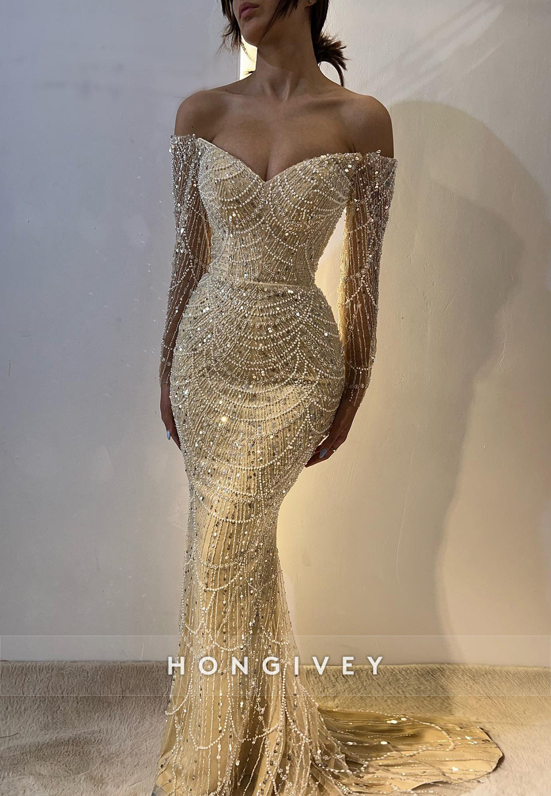 L2956 - Beaded Off-Shoulder Long Sleeves Trumpet Party Prom Evening Dress