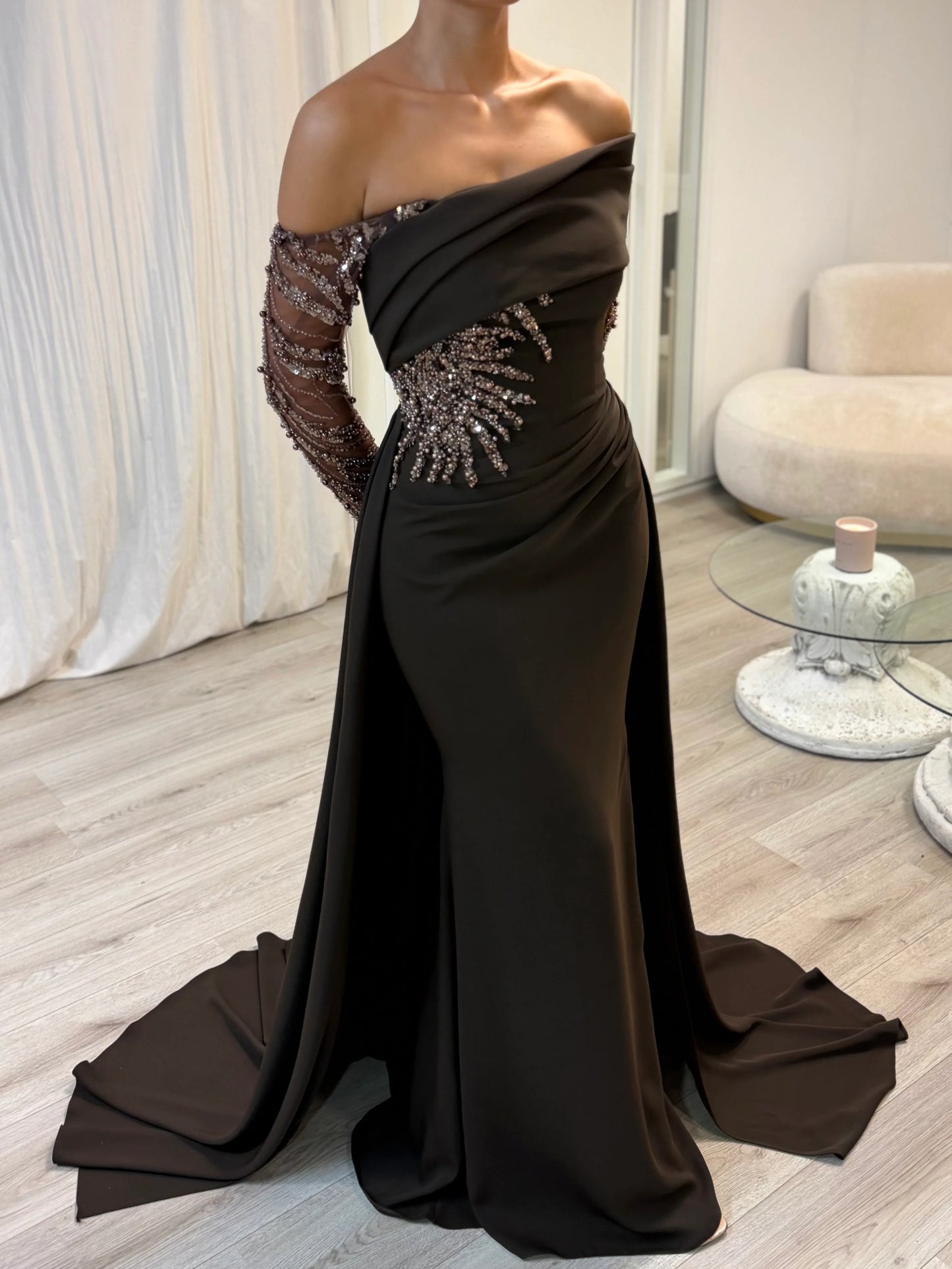 Off the Shoulder Lace Long Sleeve Applique Mermaid Court Train Evening Dress