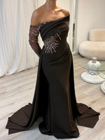 Off the Shoulder Lace Long Sleeve Applique Mermaid Court Train Evening Dress