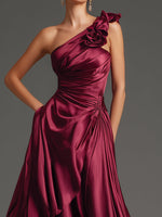 Burgundy One-Shoulder Floral Draped Couture Evening Dress