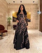 Black Flowers Appliqie Square Neck Lace Long Sleeve A-Line Evening Dress