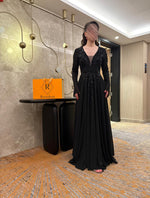 Black V-Neck Sequins Applique Long Sleeve A-Line Floor-Length Evening Dress