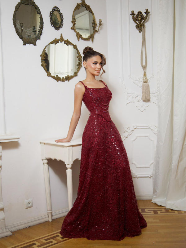 Spaghetti Straps Sleevless Sequins Sparkle A-Line Floor-Length Evening Dress