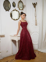 Spaghetti Straps Sleevless Sequins Sparkle A-Line Floor-Length Evening Dress