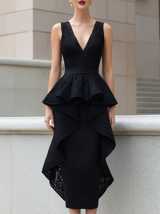 Lace Peplum High-Low Hem Sleeveless Midi Dress