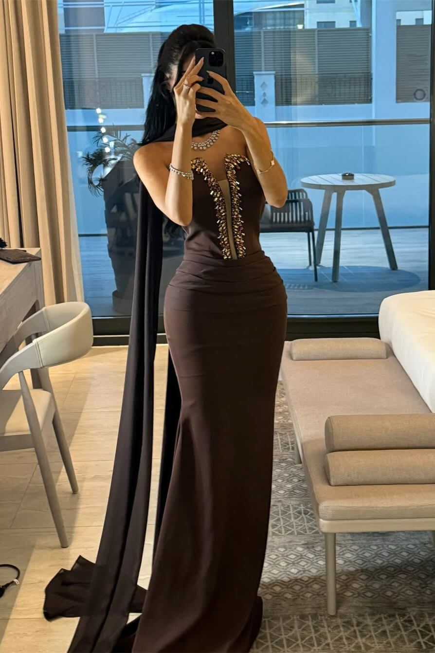 Dark Brown V-Neck Strapless Mermaid Prom Dress Long With Crystals