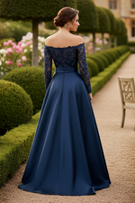 A-Line Off-The-Shoulder Long Sleeves Floor-Length Lace Satin Tulle Mother Of The Bride Dresses With Lace