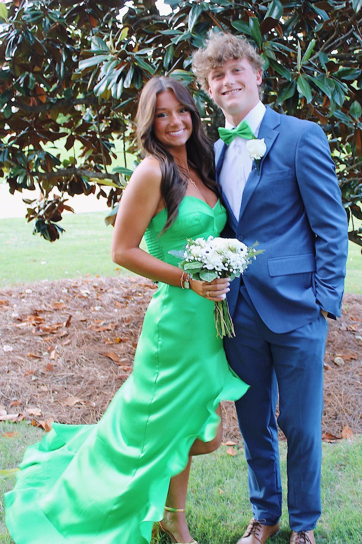 Strapless Green Silk Long Party Dress with Slit