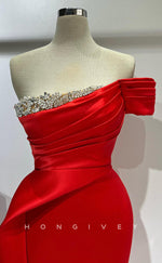 L2779 - One Shoulder Pleats Beaded With Side Slit Fitted Party Prom Evening Dress