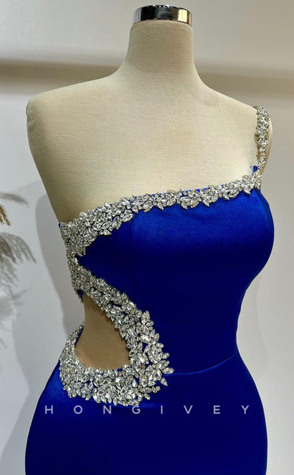 L2780 - One Shoulder Beaded With Side Slit Train Party Prom Evening Dress