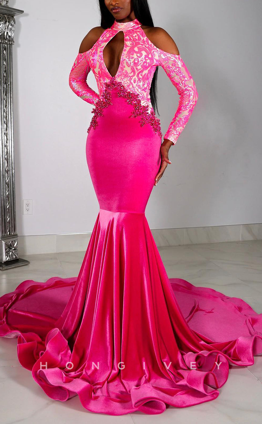 L2917 - High Neck Long Sleeves Appliques Party Prom Evening Dress For Black Women