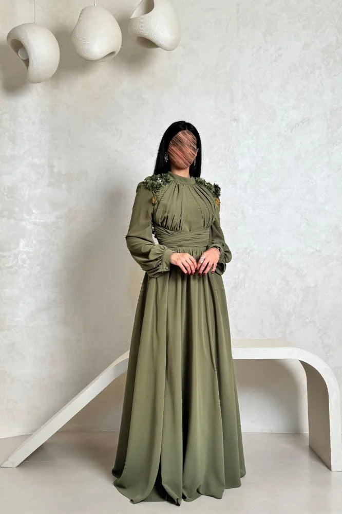 Elegant Green High Neck Long Sleeve A-Line Bow Flowers Beaded Evening Dress