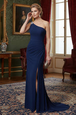 Asymmetric Ruched Formal Gown with Sweep Train Detail Dark Navy