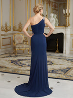 Asymmetric Ruched Formal Gown with Sweep Train Detail Dark Navy