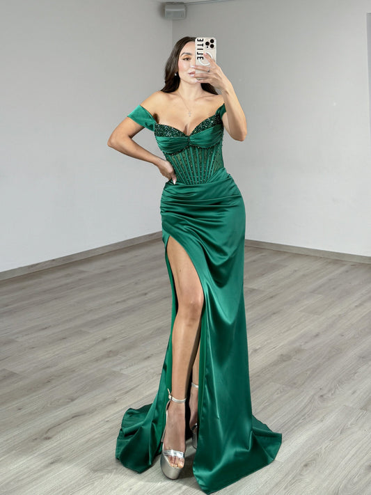 Off the Shoulder Emerald Pleated Trumpet Prom Dresses with Beading
