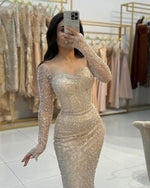 Square Neck Lace Sequins Long Sleeve Mermaid Feather Floor-Lenght Evening Dress