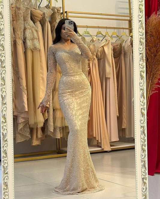 Square Neck Lace Sequins Long Sleeve Mermaid Feather Floor-Lenght Evening Dress