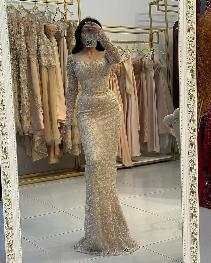 Square Neck Lace Sequins Long Sleeve Mermaid Feather Floor-Lenght Evening Dress