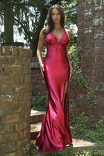 Red Sexy Spaghetti Strap Backless Appliques Mermiad Side Slit Prom Dress