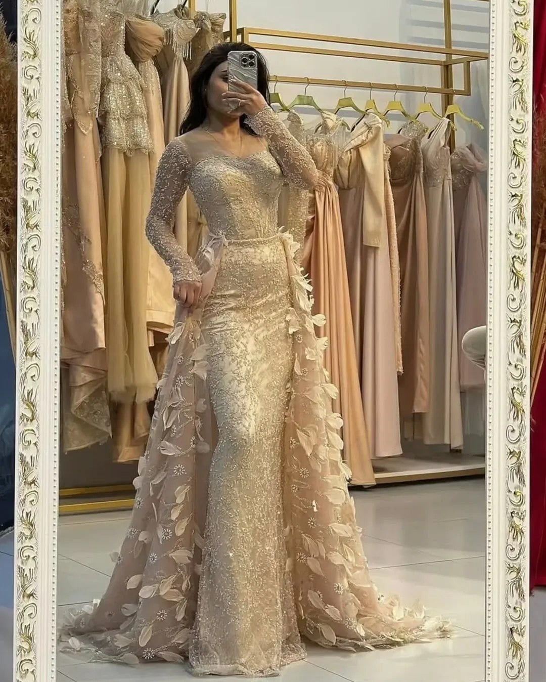 Square Neck Lace Sequins Long Sleeve Mermaid Feather Floor-Lenght Evening Dress