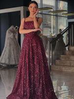 Spaghetti Straps Sleevless Sequins Sparkle A-Line Floor-Length Evening Dress