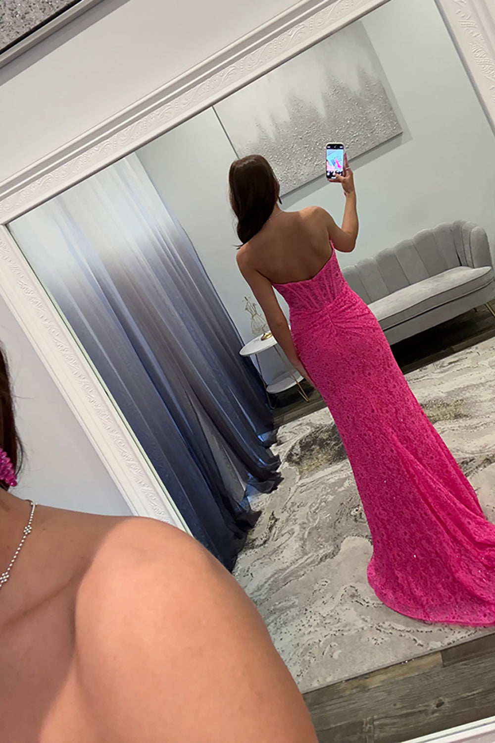 Mermaid Sweetheart Keyhole Hot Pink Lace Long Prom Dresses with Slit