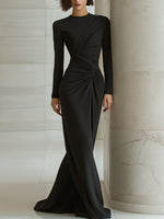 Black Asymmetric Draped Long-Sleeve Column Maxi Dress
