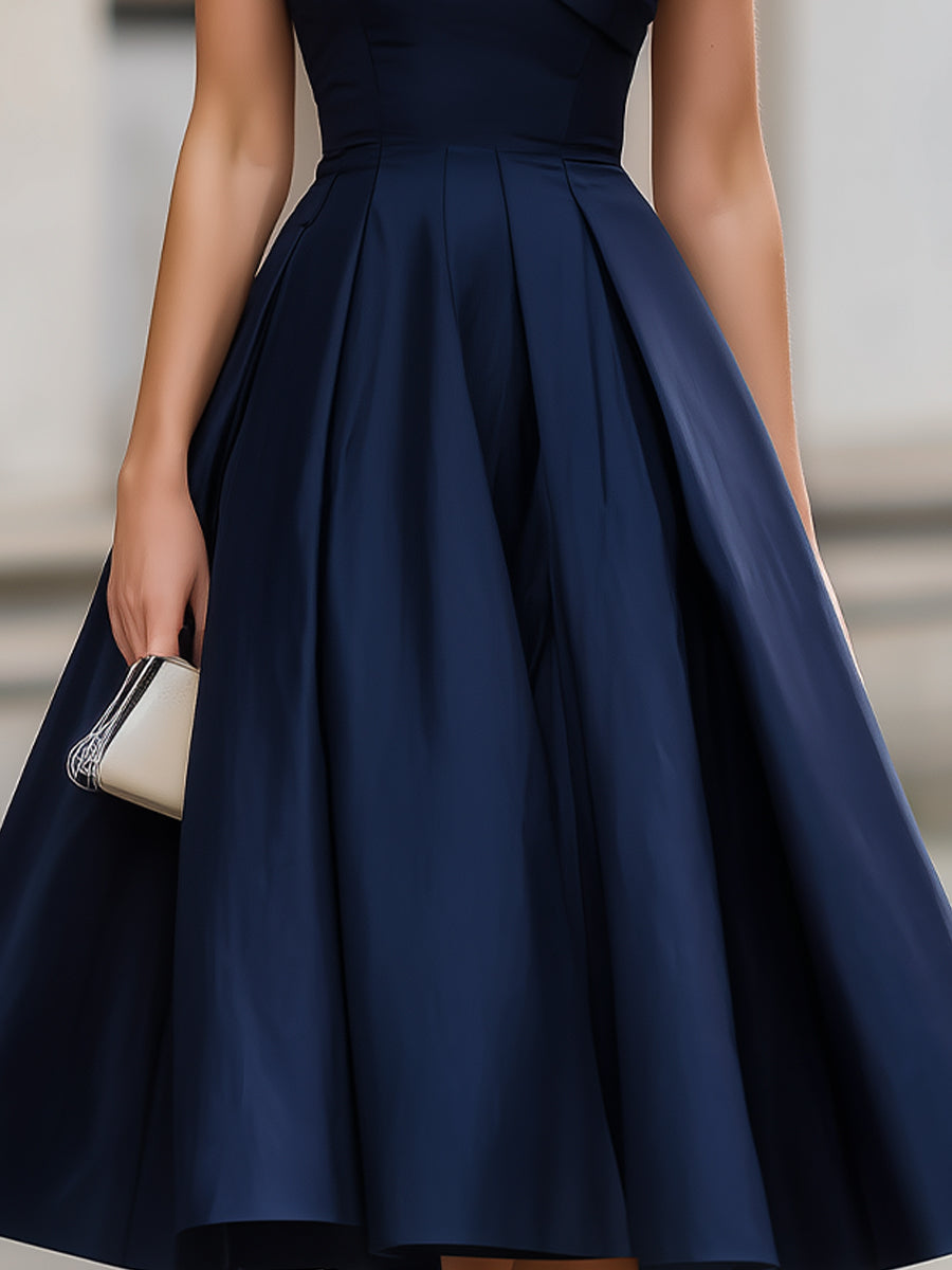 Navy Blue Off-Shoulder Pleated Midi Cocktail Dress