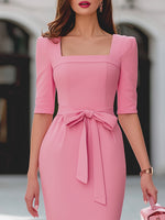 Pink Square-Neck Belted Midi Sheath Dress