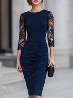 Navy Blue Lace-Sleeve Ruched Midi Sheath Dress