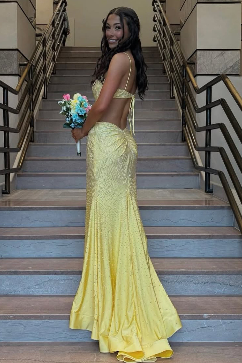Sparkly Hot Stone Beading Mermaid Straps Yellow Long Prom Dresses with Slit