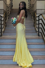 Sparkly Hot Stone Beading Mermaid Straps Yellow Long Prom Dresses with Slit