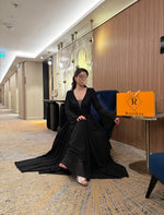 Black V-Neck Sequins Applique Long Sleeve A-Line Floor-Length Evening Dress