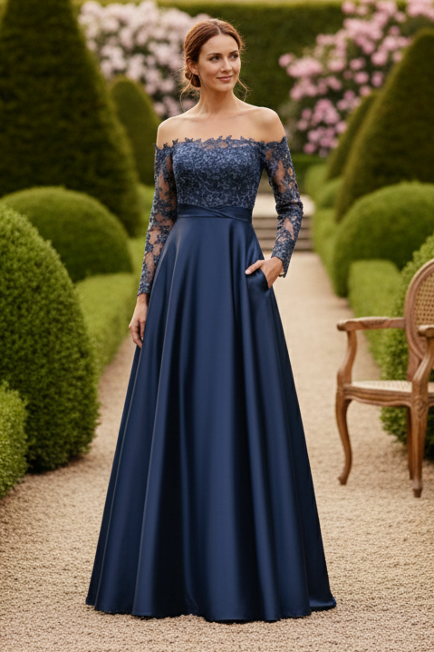 A-Line Off-The-Shoulder Long Sleeves Floor-Length Lace Satin Tulle Mother Of The Bride Dresses With Lace