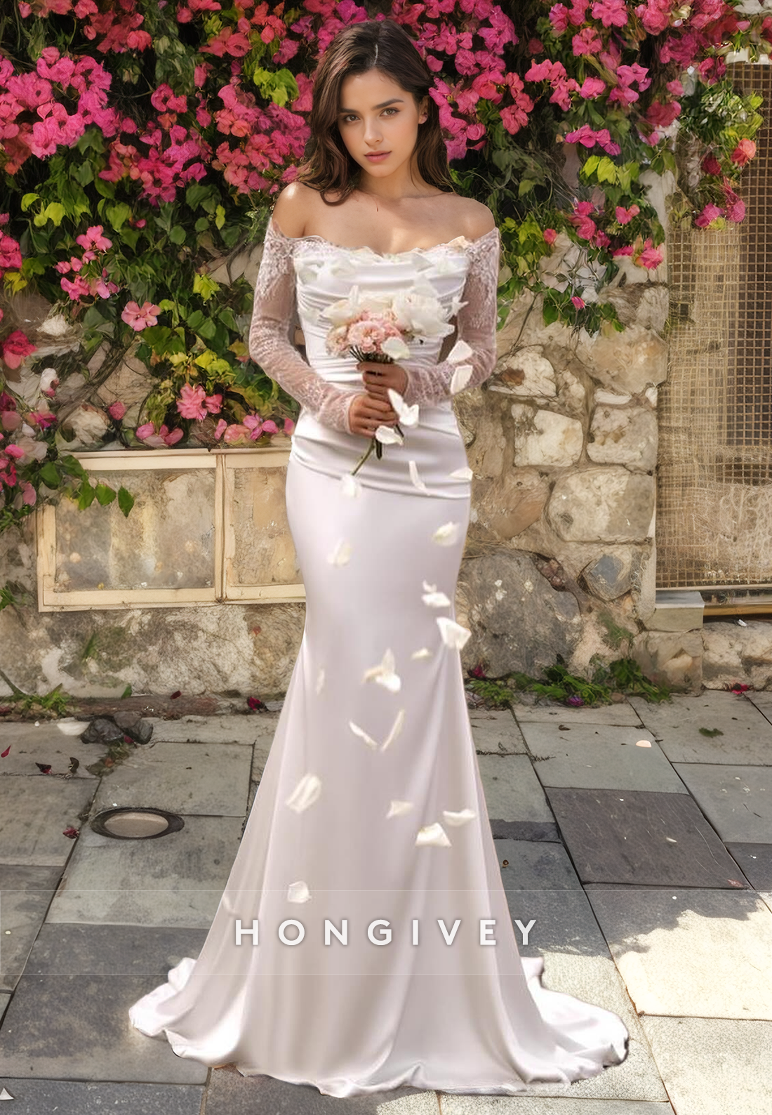 Sexy Trumpet Off-Shoulder Long Sleeve With Overskirt Beach Wedding Dress