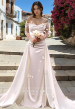 Sexy Trumpet Off-Shoulder Long Sleeve With Overskirt Beach Wedding Dress