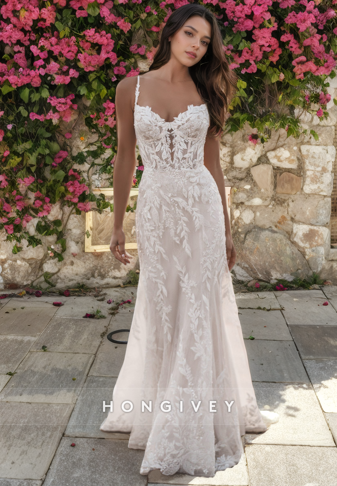 Chic A-Line Sweetheart Spaghetti Straps Lace Applique With Train Wedding Dress