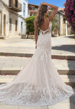 Chic A-Line Sweetheart Spaghetti Straps Lace Applique With Train Wedding Dress