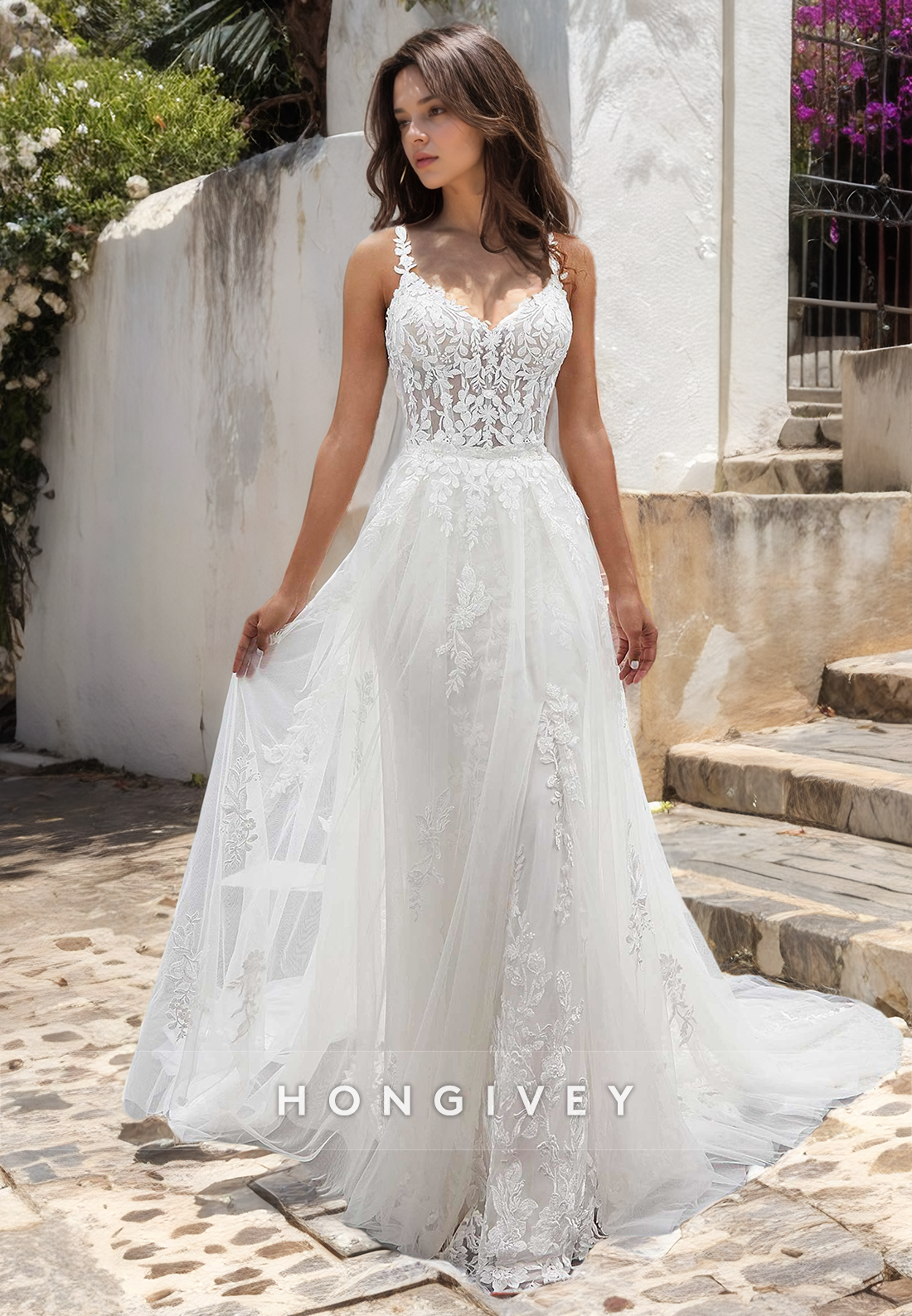 Chic Sweetheart Spaghetti Straps Lace Applique With Detachable Overskirt Wedding Dress