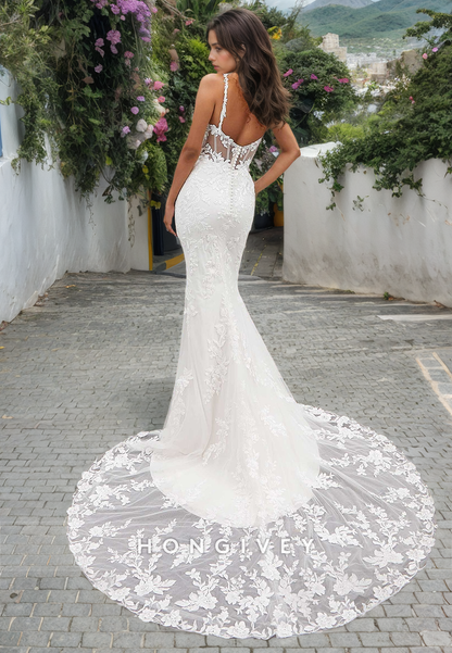 Chic Sweetheart Spaghetti Straps Lace Applique With Detachable Overskirt Wedding Dress