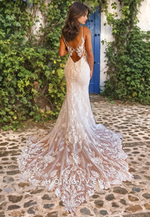 H1315 - Sexy Lace A-Line V-Neck Beaded Spaghetti Straps Empire Appliques With Train Wedding Dress