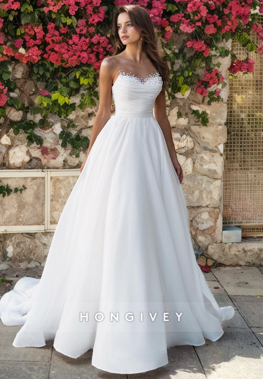 Pearl Embellished Strapless Ruched Open Back With Train Wedding Dress Pearl Embellished Strapless Ruched Open Back With Train Wedding Dress