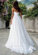 Pearl Embellished Strapless Ruched Open Back With Train Wedding Dress