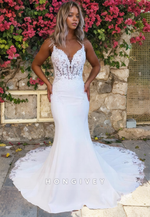 Fashional Lace Applique Mermaid Wedding Dress with Train Straps Bridal Dresses