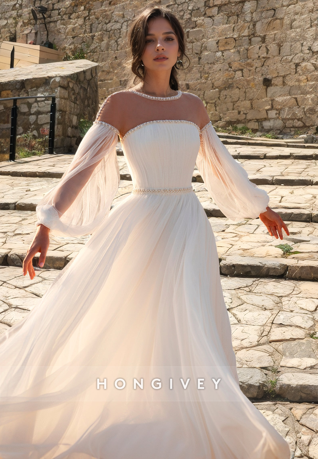 Elegant & Luxurious Round Sheer Long Sleeves Beaded Long Wedding Dress