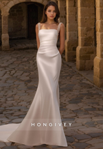 Satin Trumpet Square Spaghetti Straps With Detachable Overskirt Beaded Wedding Dress