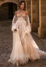 Tulle A-Line Off-Shoulder Beaded Sheer Wedding Dress