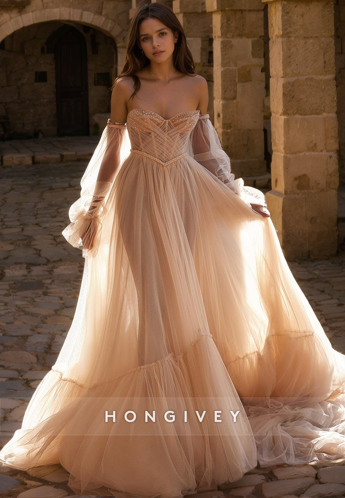 Tulle A-Line Off-Shoulder Beaded Sheer Wedding Dress