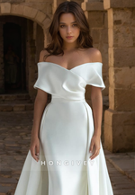 Simplle Satin Trumpet Off-Shoulder With Train Wedding Dress